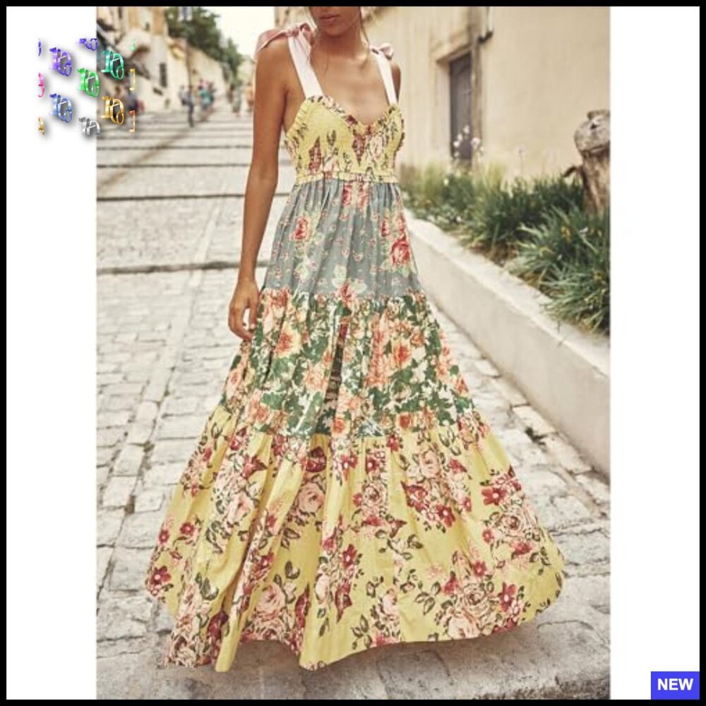Boho Floral Maxi Dress Smocked Bodice Tiered Skirt Tie Shoulder Pockets - Picture 2 of 6